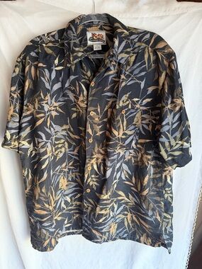 Men’s Hawaiian Shirt Silk Linen Blend Paradise Coves Large Blue with Leaves